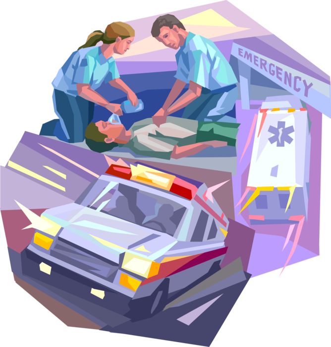 Vector Illustration of Emergency Care Paramedics Administer Care to Patient with Medical Service Ambulance