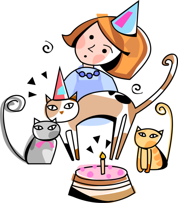 Vector Illustration of Birthday Girl Celebrates Birthday Party with Kitten Cats and Birthday Cake