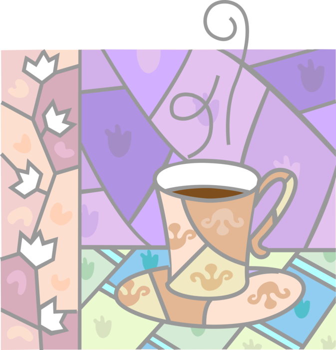 Vector Illustration of Cup of Hot Coffee Beverage Drink with Floral Ceramic Tiles