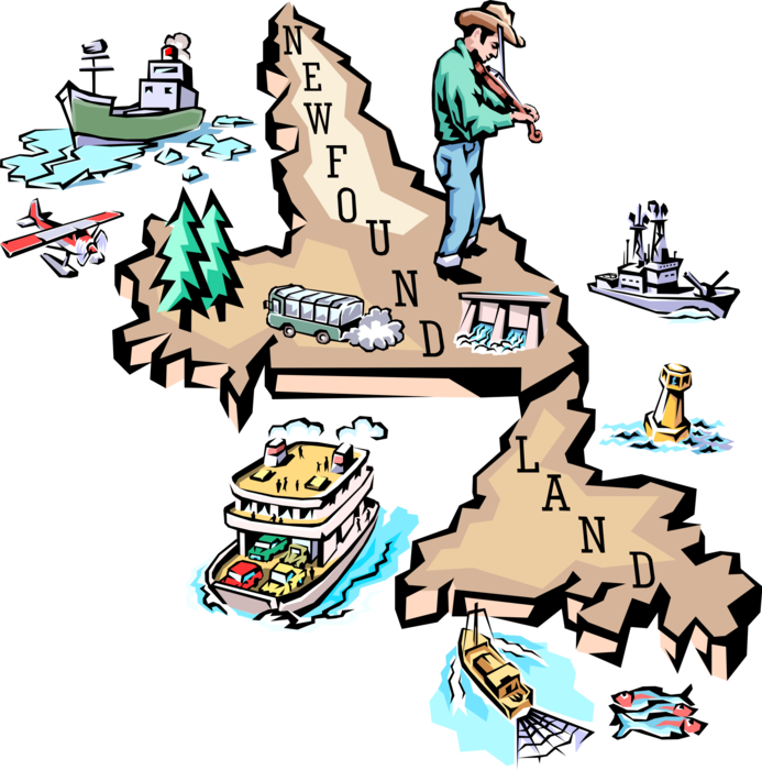 Vector Illustration of Province of Newfoundland Vignette Map with Tourism Infographic Icons, Canada