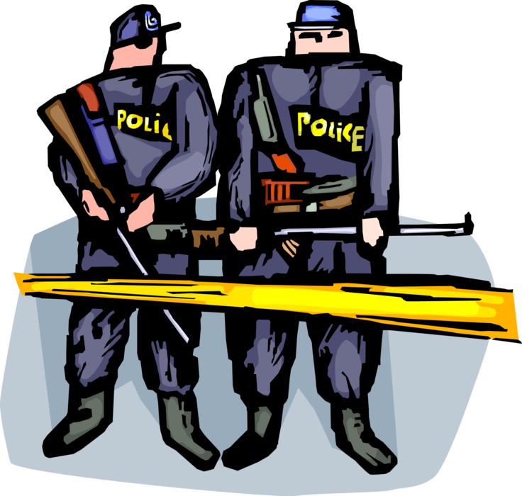 Vector Illustration of Heavily Armed Law Enforcement Police Officers Stand Guard with Protective Services