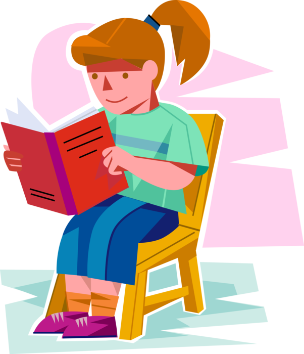 Vector Illustration of Young Girl Learns How to Read with Schoolbook Textbook in School Classroom