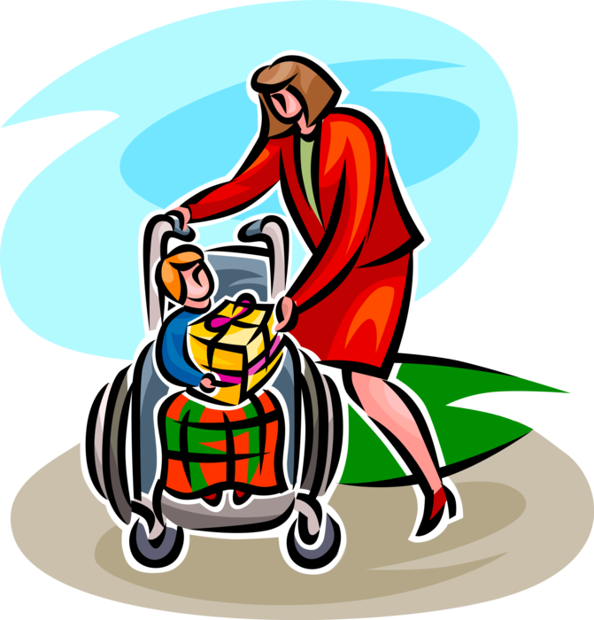 Vector Illustration of Woman Gives Present Gift to Child in Handicapped or Disabled Wheelchair