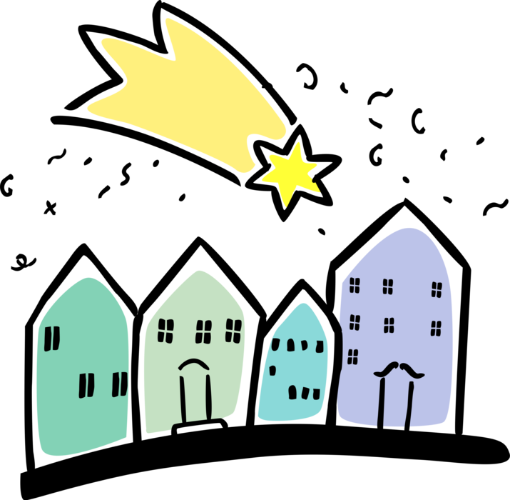 Vector Illustration of Shooting Star in Sky Above Urban House Family Home Dwellings in City