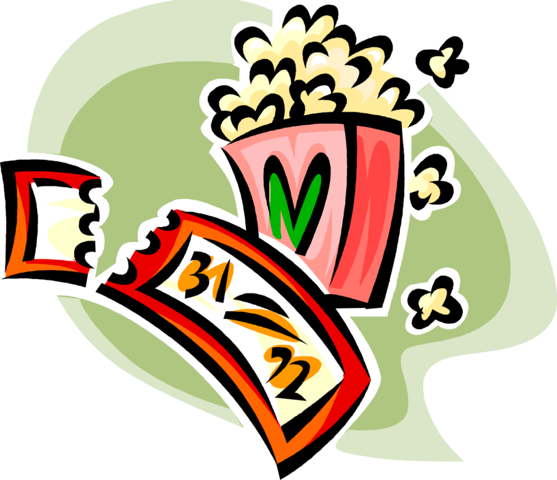 Vector Illustration of Cinema Movie Ticket and Popping Corn Popcorn Snack Food Eaten in Movie Theaters