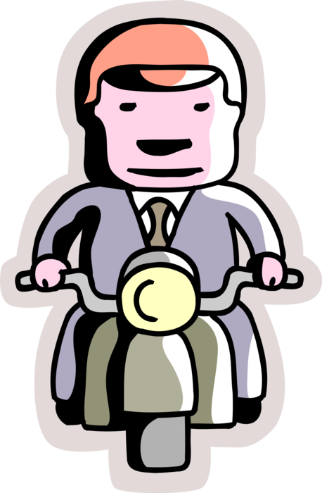 Vector Illustration of Businessman Commuter Rides Motorcycle or Motorbike Motor Vehicle to Work