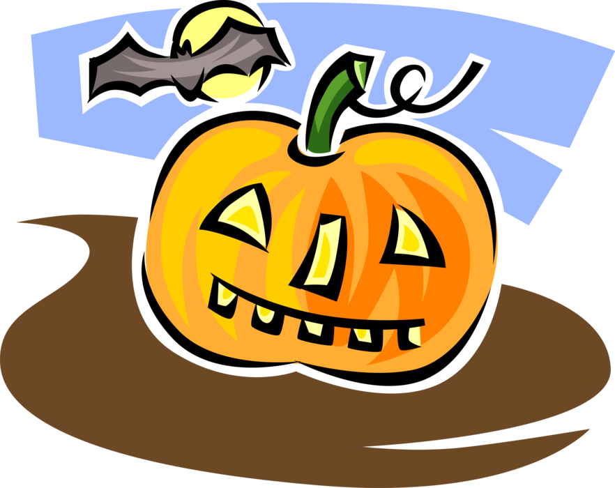 Vector Illustration of Halloween Jack-o'-Lantern Carved Pumpkin with Vampire Bat