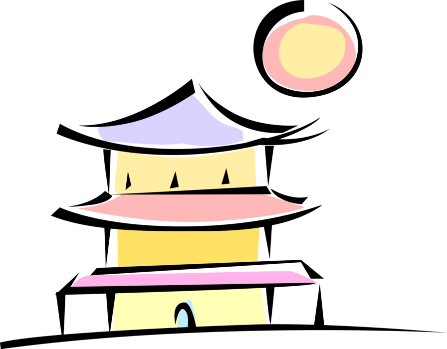 Vector Illustration of Chinese or Japanese Asian Pagoda Temple with Sun