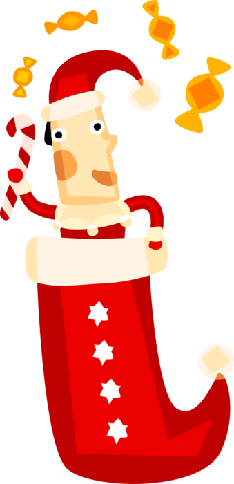 Vector Illustration of Santa Claus, Saint Nicholas, Saint Nick, Father Christmas, in Stocking with Candy Cane