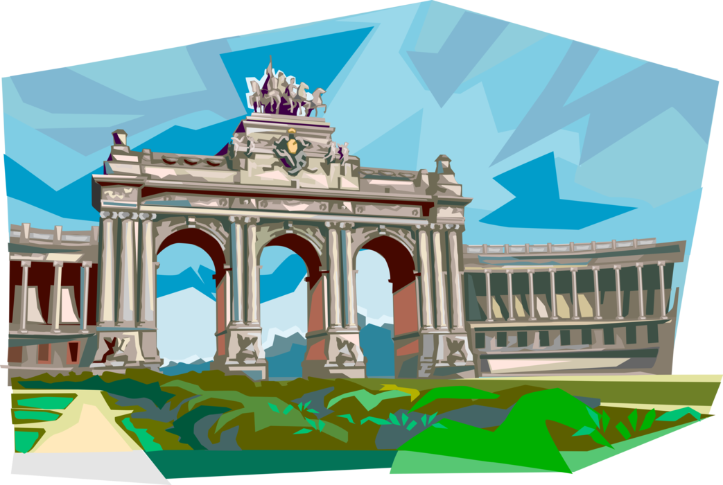 Vector Illustration of Cinquantenaire Arch Park of Fiftieth Anniversary Public Park, Brussels, Belgium 