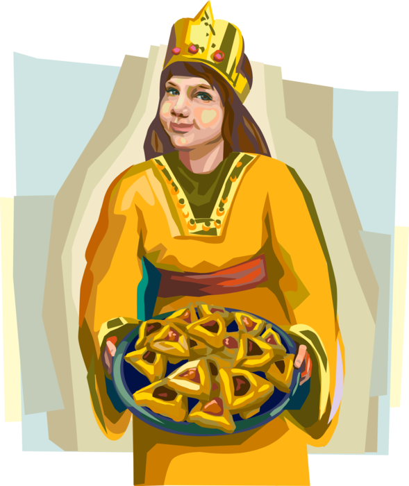 Vector Illustration of Girl Wearing Purim Costume Offering Hamentachen