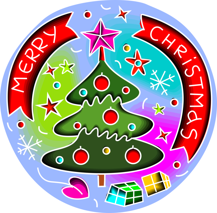 Vector Illustration of Merry Christmas Greeting with Evergreen Tree and Gift Wrapped Presents