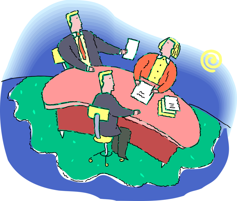 Vector Illustration of Office Colleagues Reviews Business Documents in Boardroom Meeting