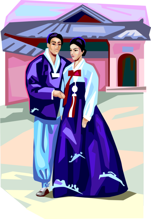 Vector Illustration of Traditional South Korean Young People Clothing Ordinary Dress