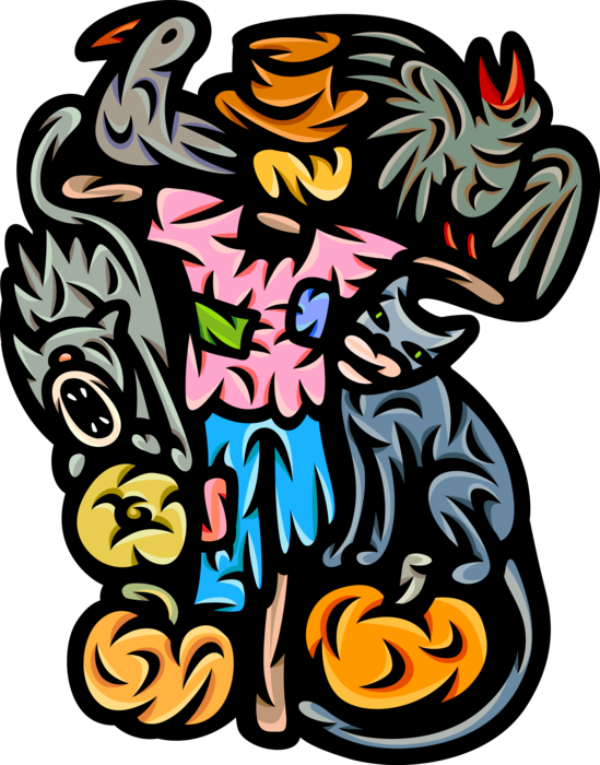Vector Illustration of Scarecrow, Pumpkins and Halloween Black Cat Associated with Witchcraft, Ill Omens, and Death