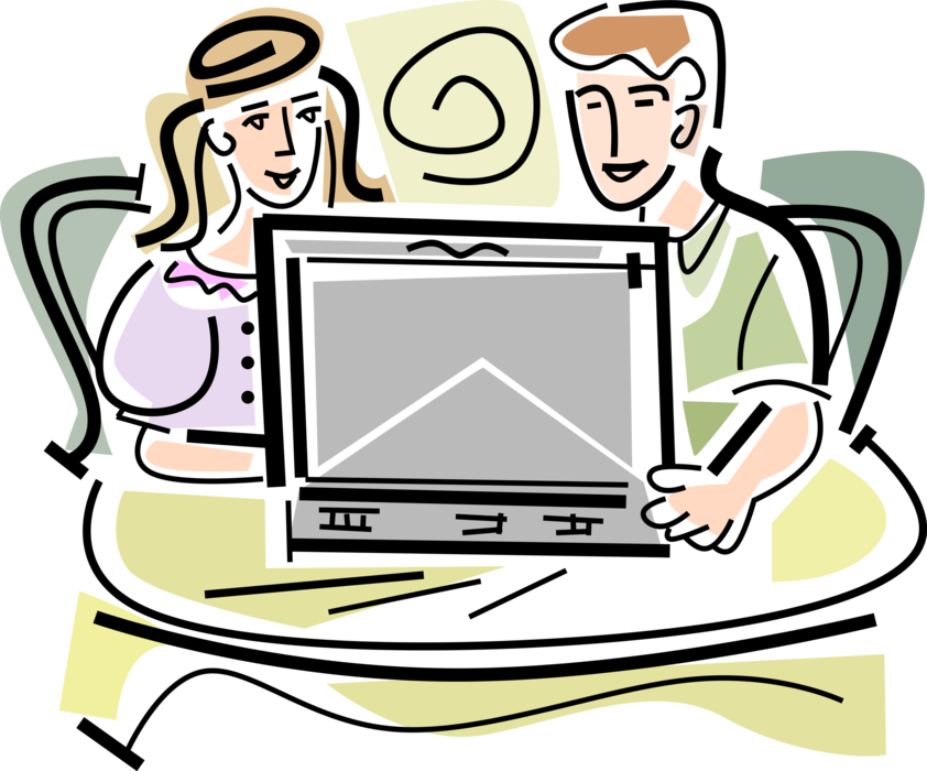 Vector Illustration of Couple Browse Online Internet Together on Personal Computer