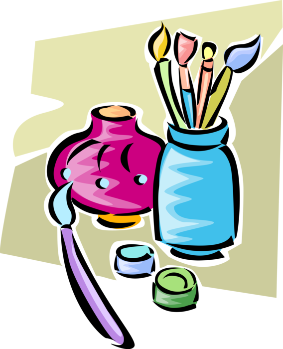 Vector Illustration of Visual Arts Potter's Paintbrushes and Ceramic Vase