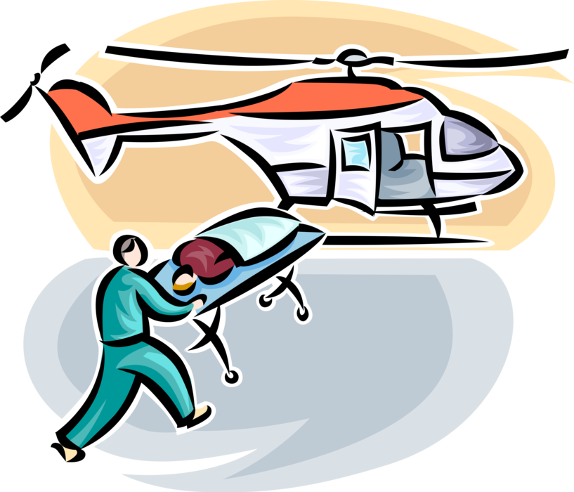 Vector Illustration of Accident Victim Patient Loaded onto Air Ambulance Helicopter by Paramedic