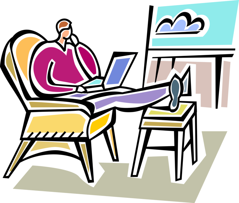 Vector Illustration of Businessman Relaxes in Comfortable Chair Accessing Online Internet Services on Computer