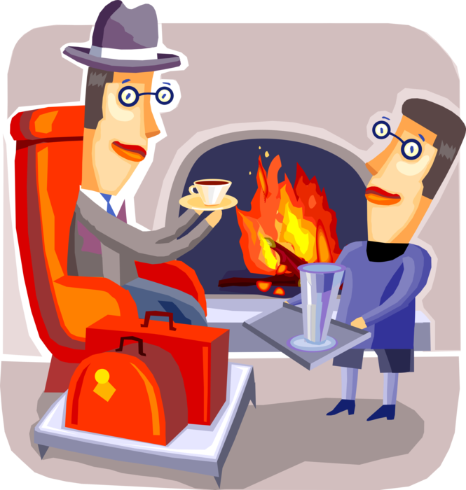 Vector Illustration of Businessman Air Travel Passenger in Elite Airport Lounge Club Served Coffee by Waiter with Roaring Fire