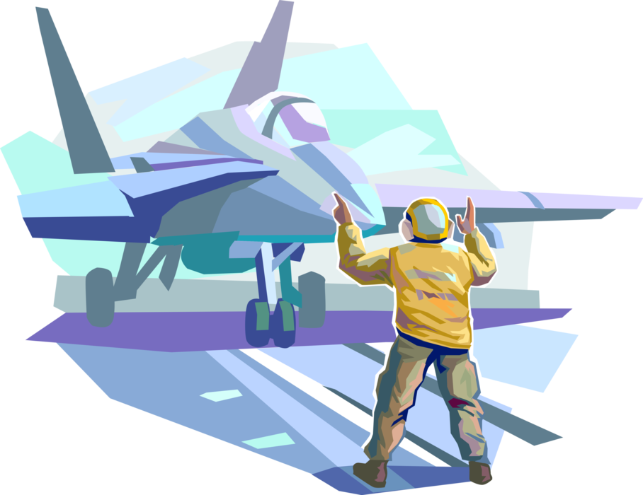 Vector Illustration of United States Navy Aircraft Carrier Air Operation Flight Deck Crew Signal Fighter Jet for Take Off