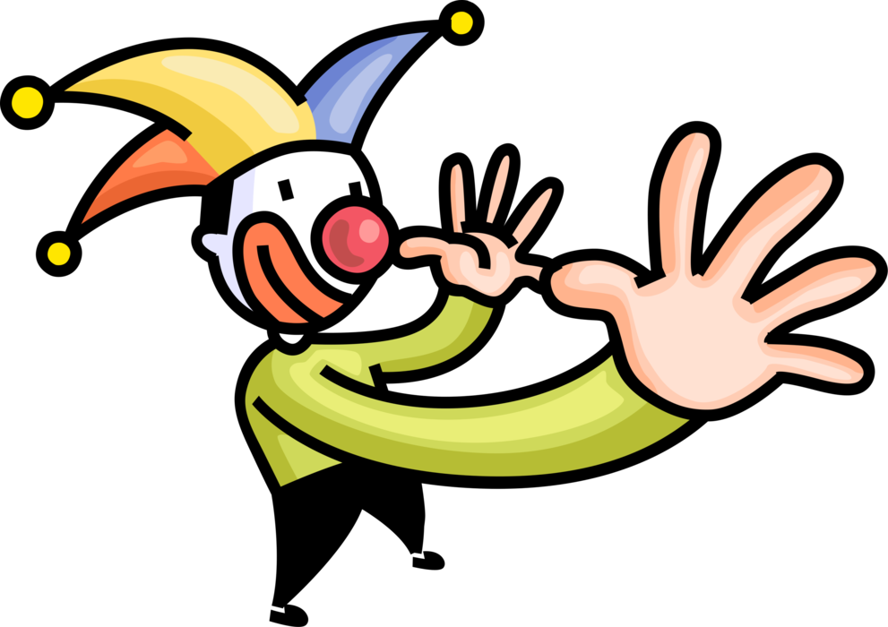 Vector Illustration of Big Top Circus Clown with Court Jester Fool's Hat Makes Funny Face with Hand Gestures