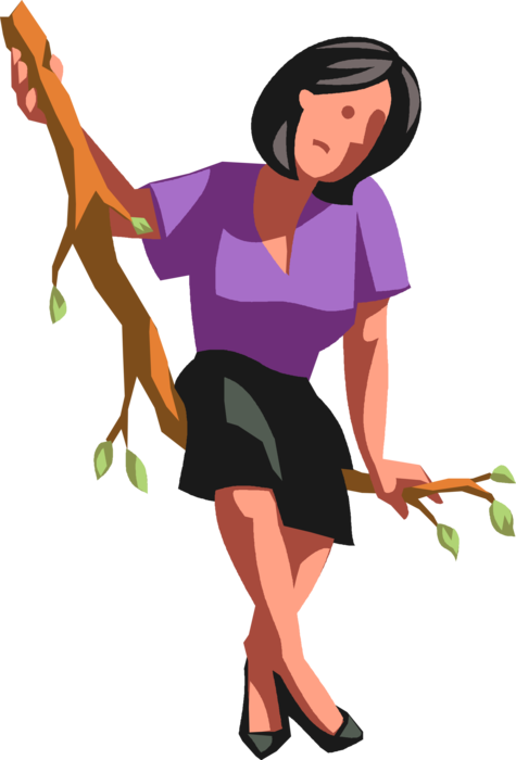 Vector Illustration of Vulnerable Businesswoman Out on Limb Tree Branch in Dangerous or Uncompromising Position