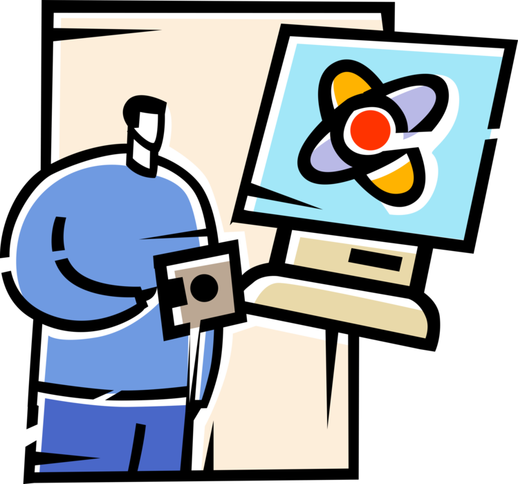 Vector Illustration of Businessman with Atomic Energy Atom Nucleus on Personal Computer Workstation
