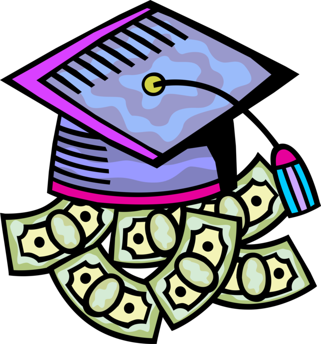Vector Illustration of Costs of Higher Education with Student Graduate Mortarboard Graduation Cap and Cash Money Dollars