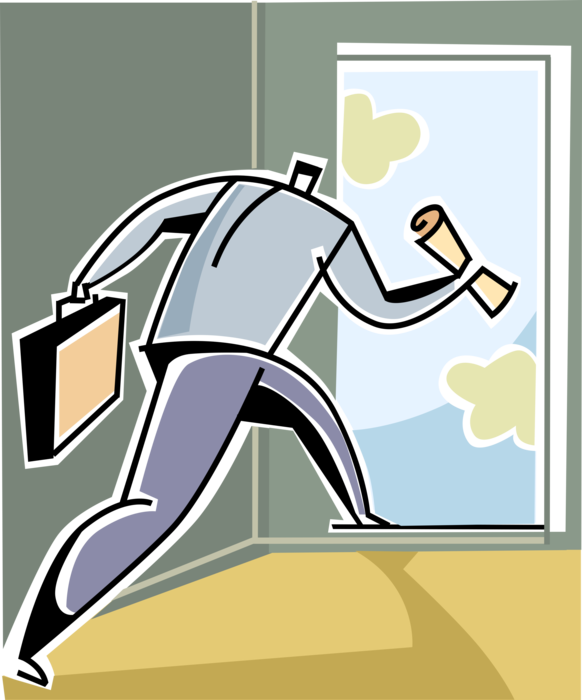 Vector Illustration of Businessman Walks Through Open Door into Imaginative or Visionary Blue Sky Opportunities