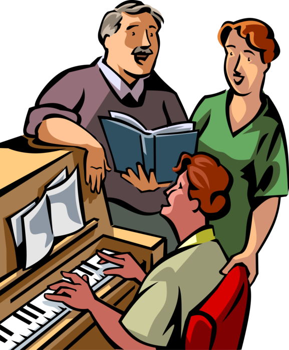 Vector Illustration of Retired Elderly Senior Citizens in Sing Along Around Piano with Pianist at Keyboard