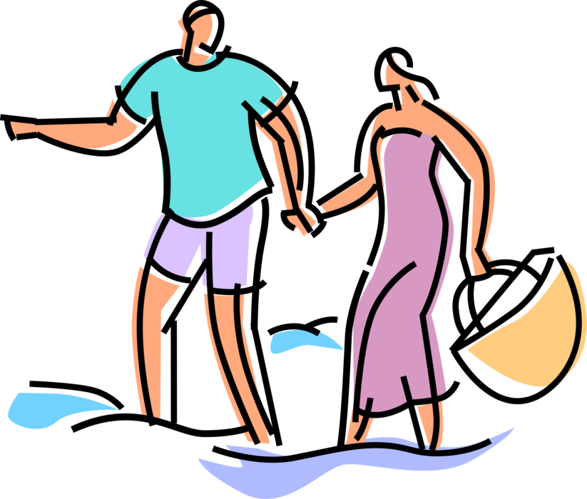 Vector Illustration of Couple Enjoy Holiday Vacation Day at the Beach with Sand and Ocean Waves