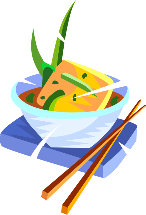 Vector Illustration of Japanese Tofu and Miso Broth Soup with Chopsticks