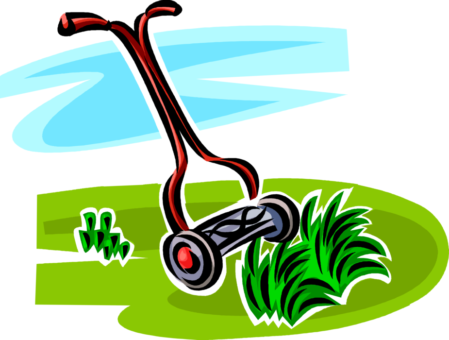 Vector Illustration of Yard Work Push Lawn Mower Cuts Grass in Yard
