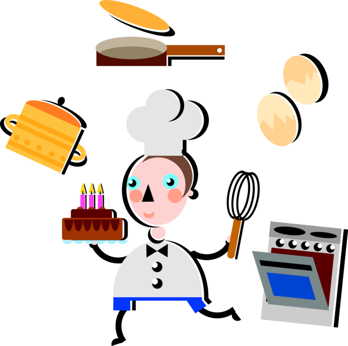 Vector Illustration of Pastry Chef Bakes Birthday Cake with Oven Stove, Eggs, Wisk, and Pot