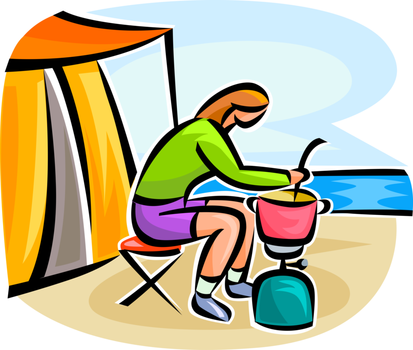 Vector Illustration of Camper Cooks Meal in Pot with Camping Propane Stove with Tent Shelter and Beach