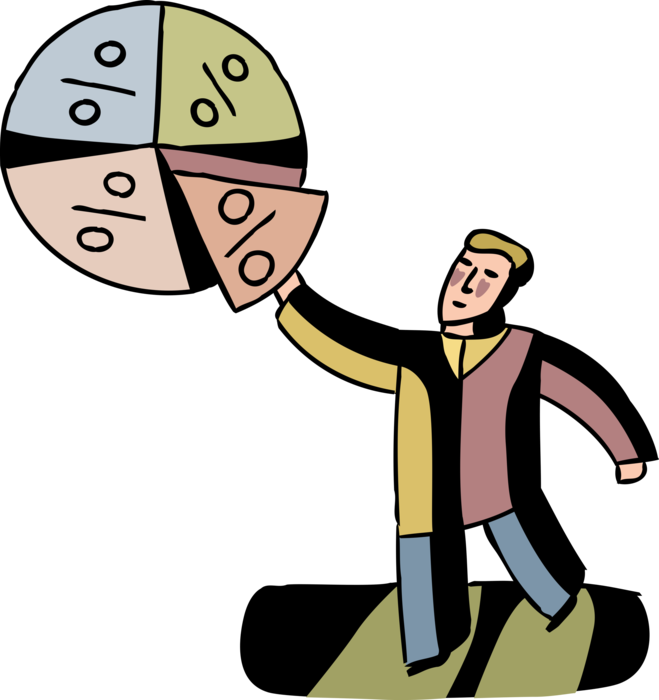 Vector Illustration of Businessman Contributes to Pie Chart Statistical Graphic Divided into Slices to Illustrate Numerical Proportion