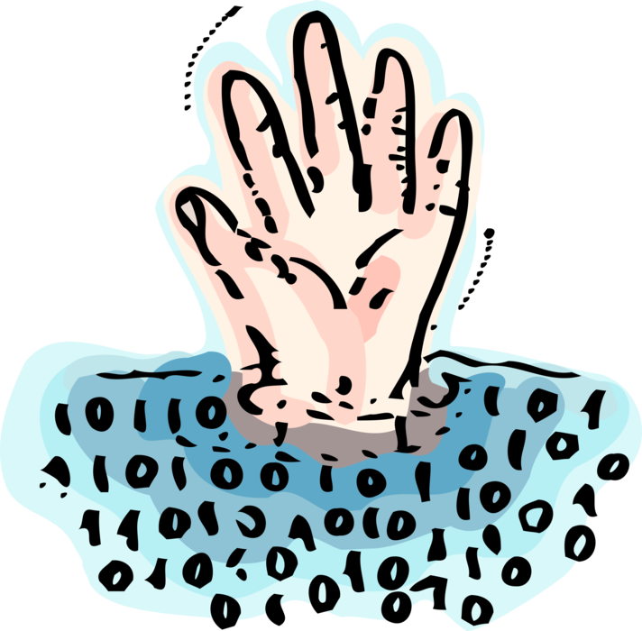 Vector Illustration of Drowning Hand in Sea of Digital Binary Code Data