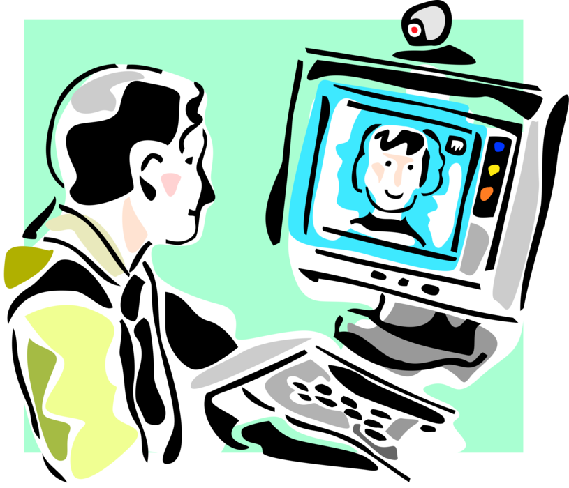 Vector Illustration of Businessman in Face Time Videotelephony Conversation on Computer with Webcam Camera