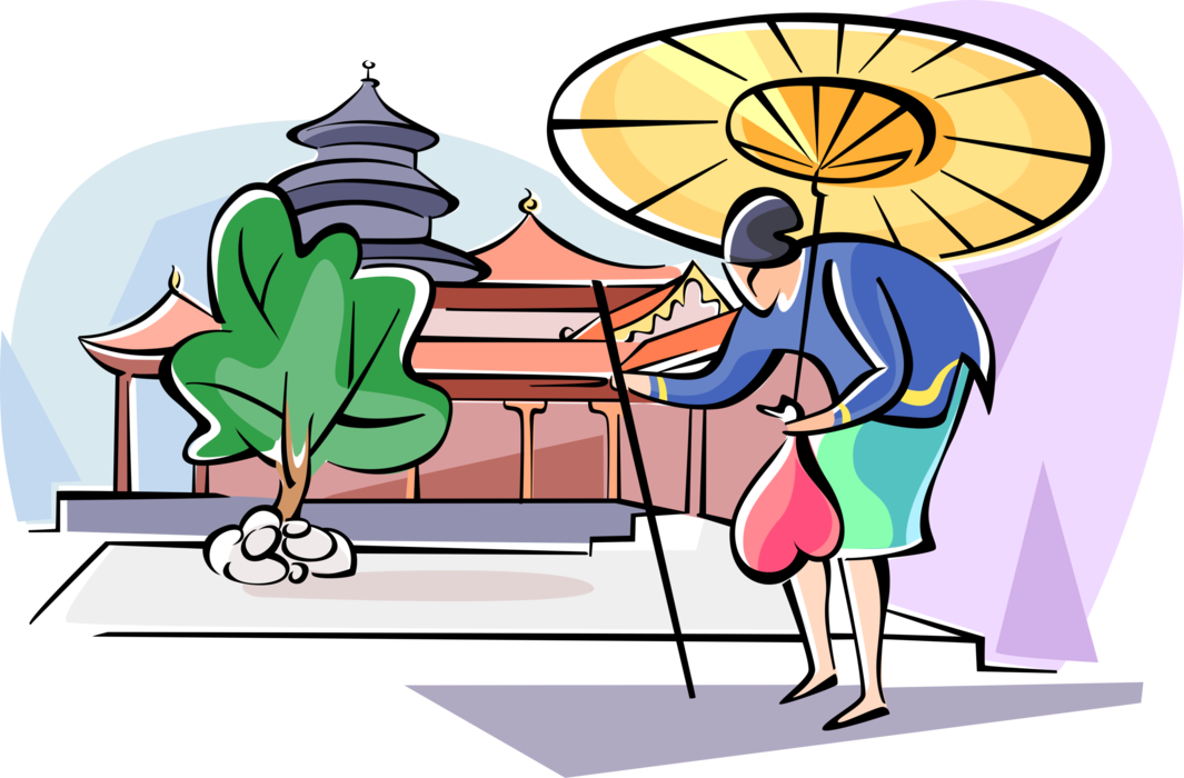 Vector Illustration of Japanese Woman Walking with Her Umbrella or Parasol Rain Protection