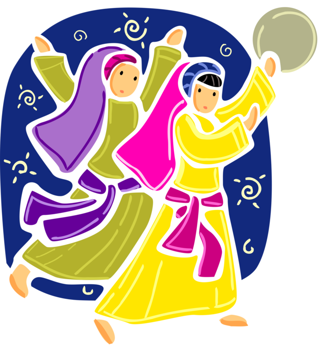 Vector Illustration of Hebrew Jewish Women Celebrate Dancing Miriam with Tambourine from Biblical Book of Exodus