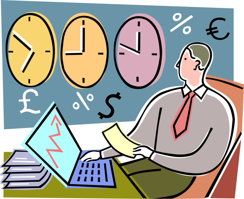 Vector Illustration of Businessman Financial Investor Researches International Stock Reports in Personal Portfolio