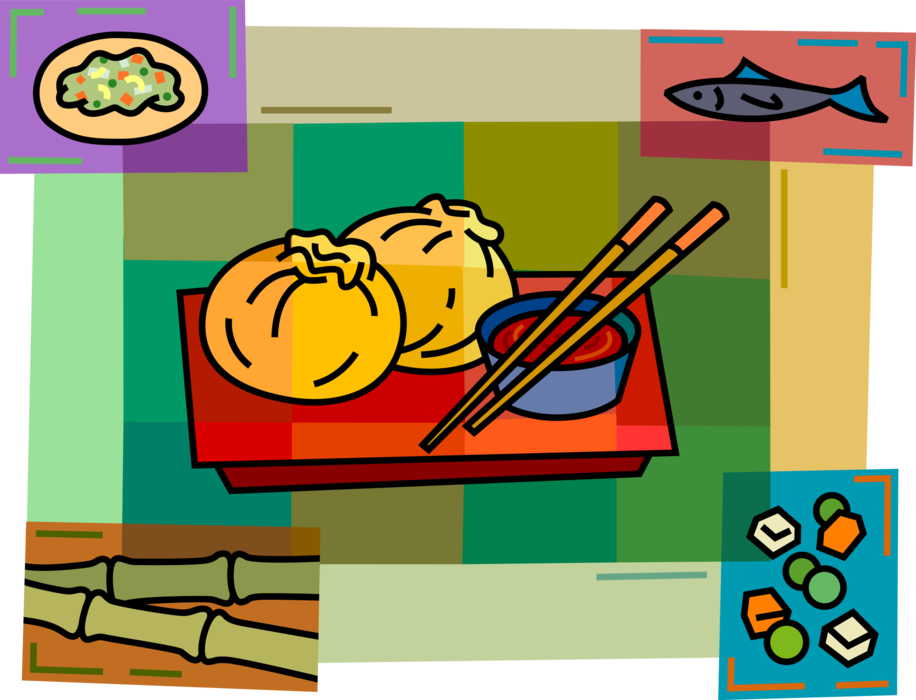 Vector Illustration of Chinese Asian Dumplings with Chopsticks, Wasabi, Fish, and Bamboo