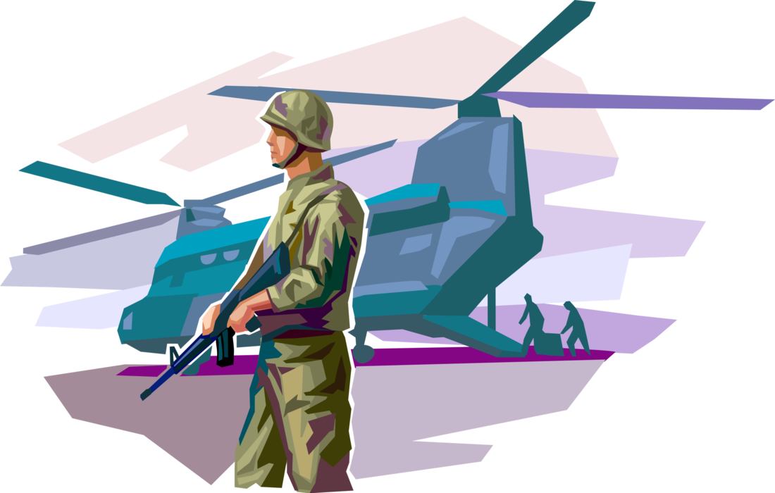 Vector Illustration of United States Military Soldier Guards Navy Marine Helicopter in Combat Operations