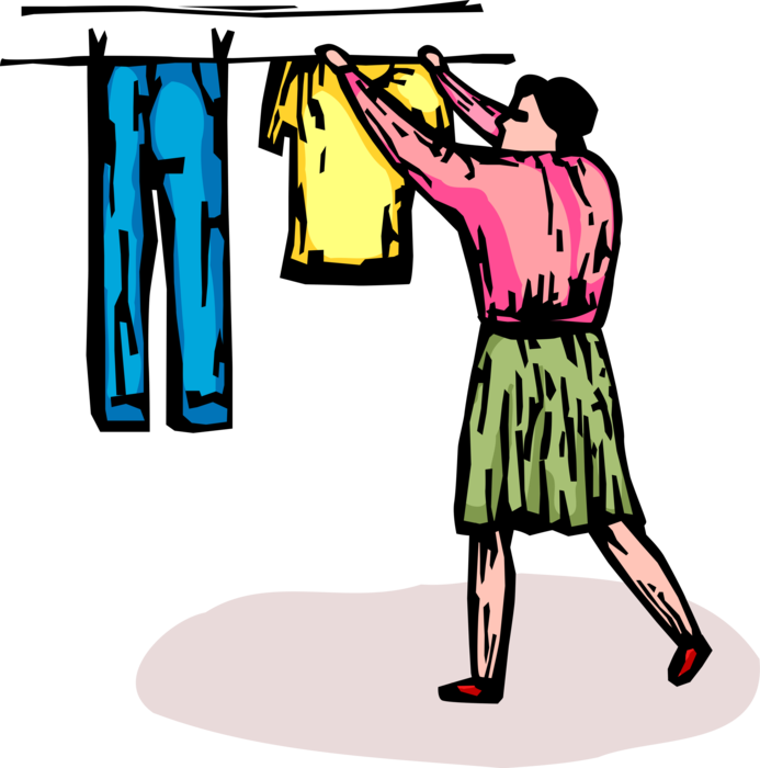 Vector Illustration of Woman Hangs Clean Clothes to Dry on Clothesline with Clothes Pegs