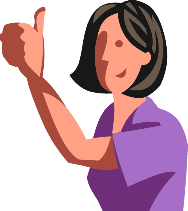 Vector Illustration of Businesswoman Uses Nonverbal Communication Hand Gesture Thumbs-Up OK Sign