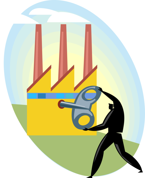Vector Illustration of Businessman Uses Wind Up Key Winding Up Industrial Manufacturing Factory