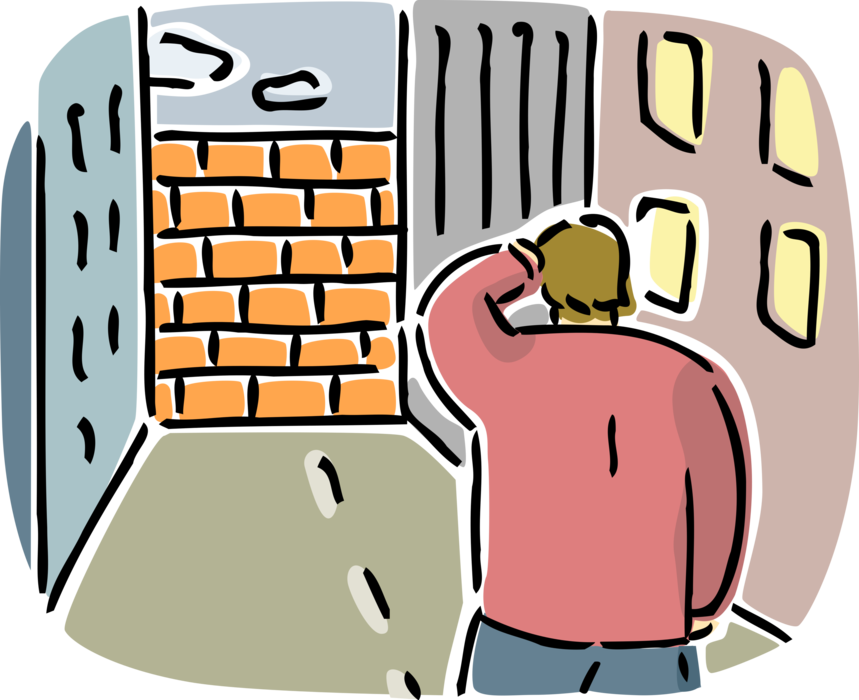 Vector Illustration of Businessman Faces Brick Wall Barrier Obstacle to Continued Progress