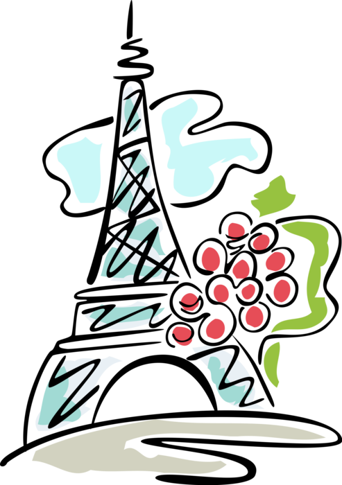 Vector Illustration of Eiffel Tower, Paris, France and Fruit Grapes for Wine Making