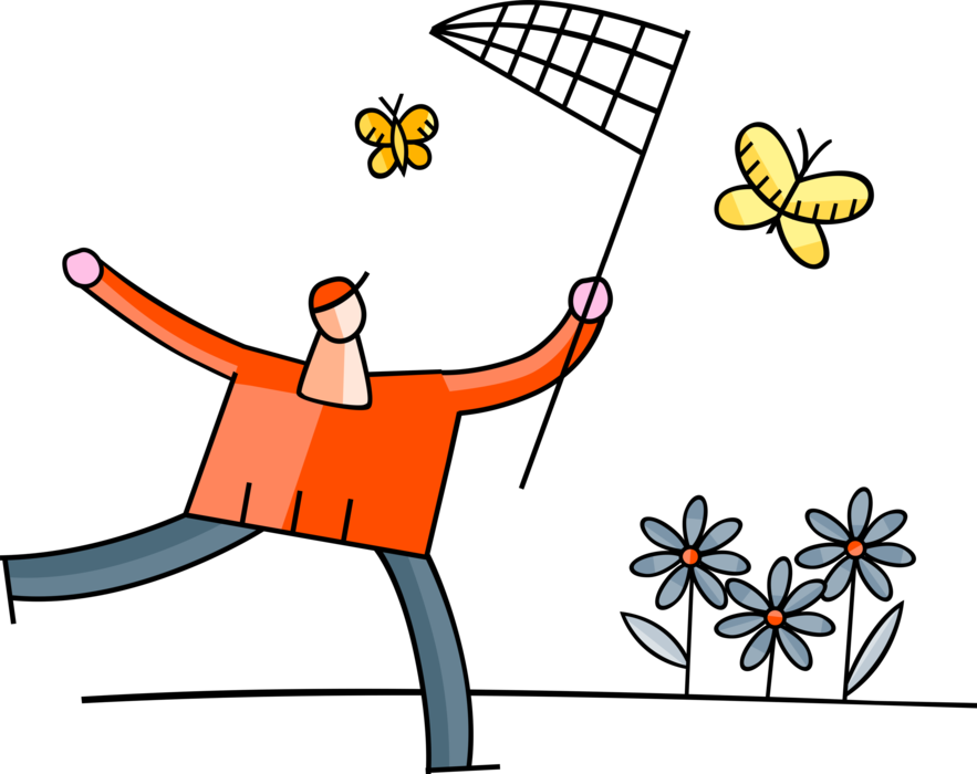 Vector Illustration of Entomologist Chases Butterflies with Butterfly Net in Garden
